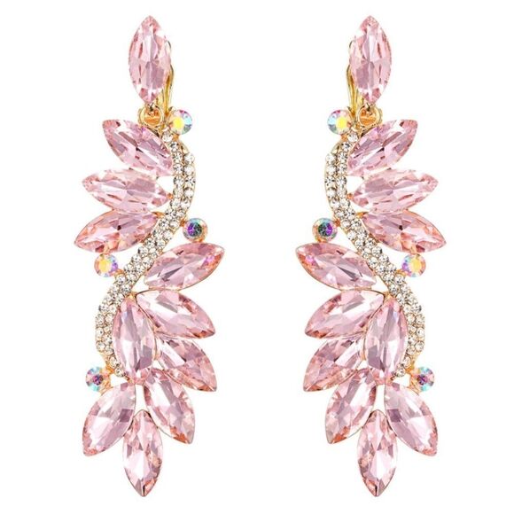 Yellow Gold with Pink Sapphire AB Austrian Crystal Clip On Chandelier Earrings